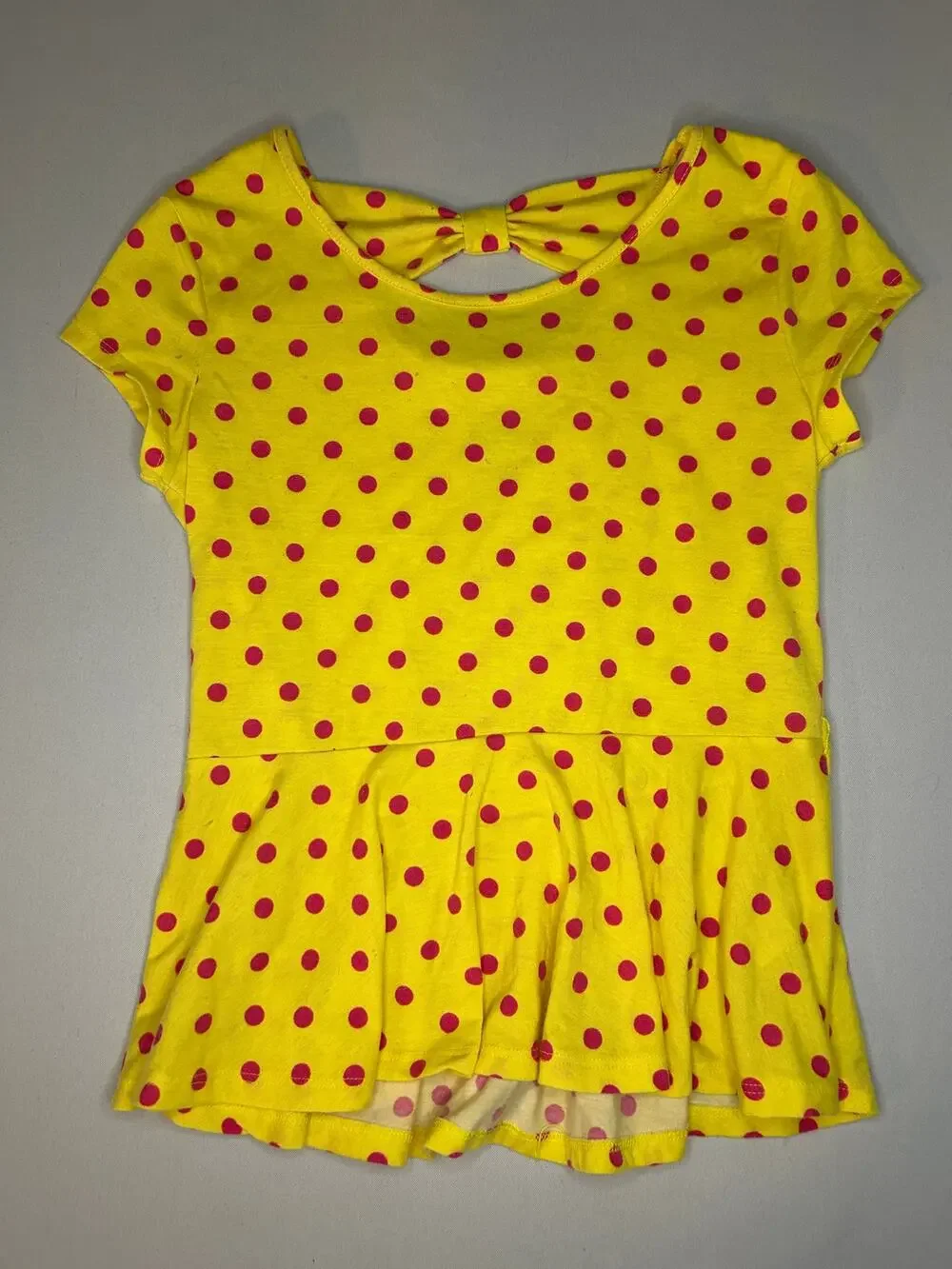 Justice Girls 12 Yellow Red Polka Dot Bow Back Peplum Top Short Sleeve